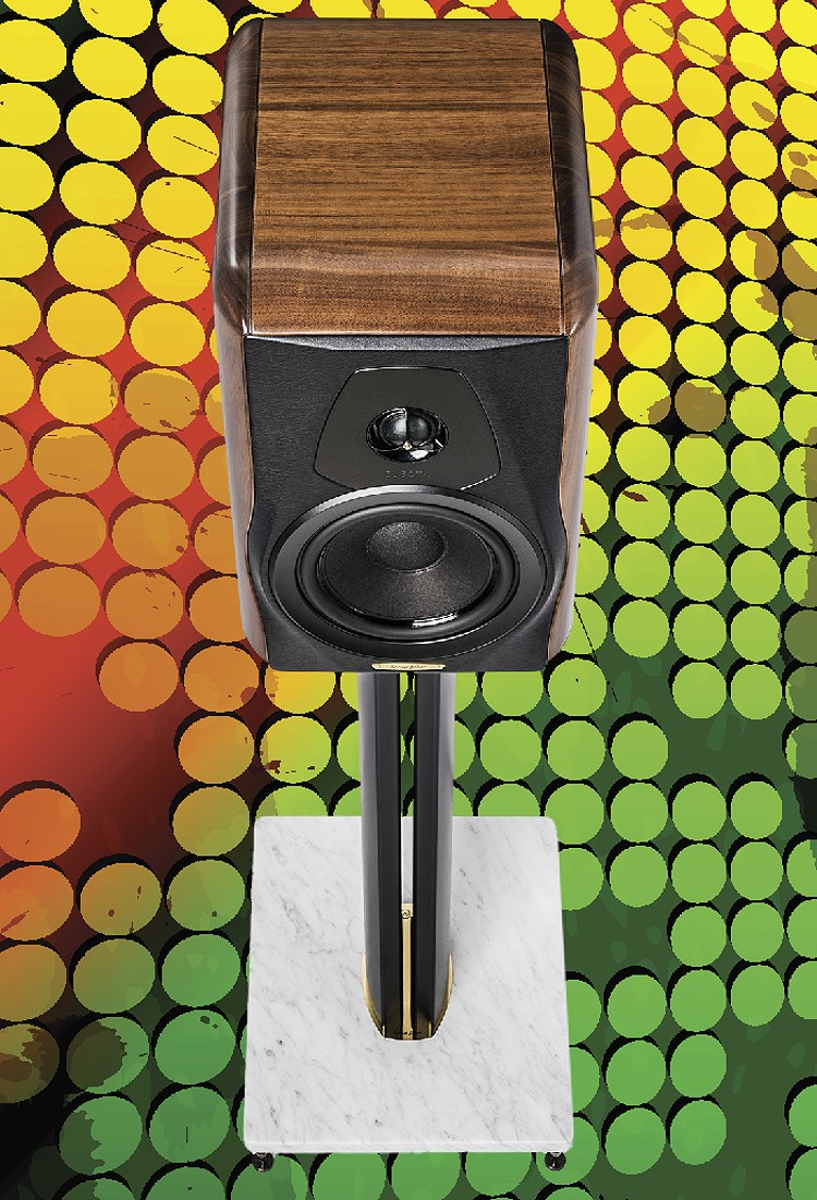 Sonus faber Electa Amator III on stand with colorful, pixelated background