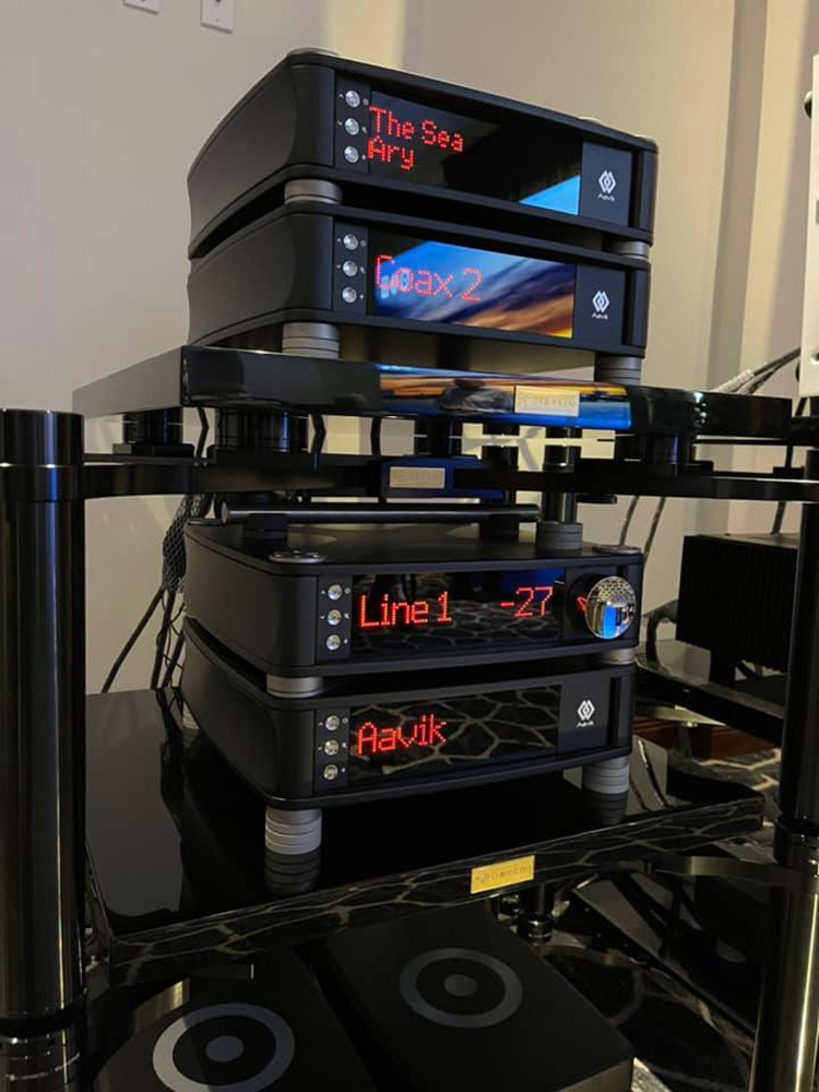 Closeup view of a product display setup of Audio distributor High End by Oz at Florida Audio Expo 2022