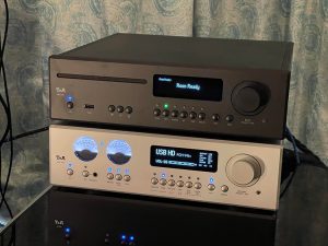 Products stacked on top of each located in House of Stereo room at Florida Audio Expo 2022