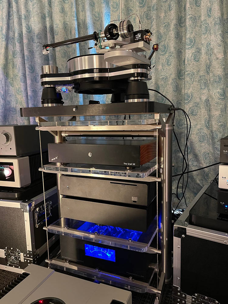 Multiple products stacked on top of each other within House of Stereo room at Florida Audio Expo 2022