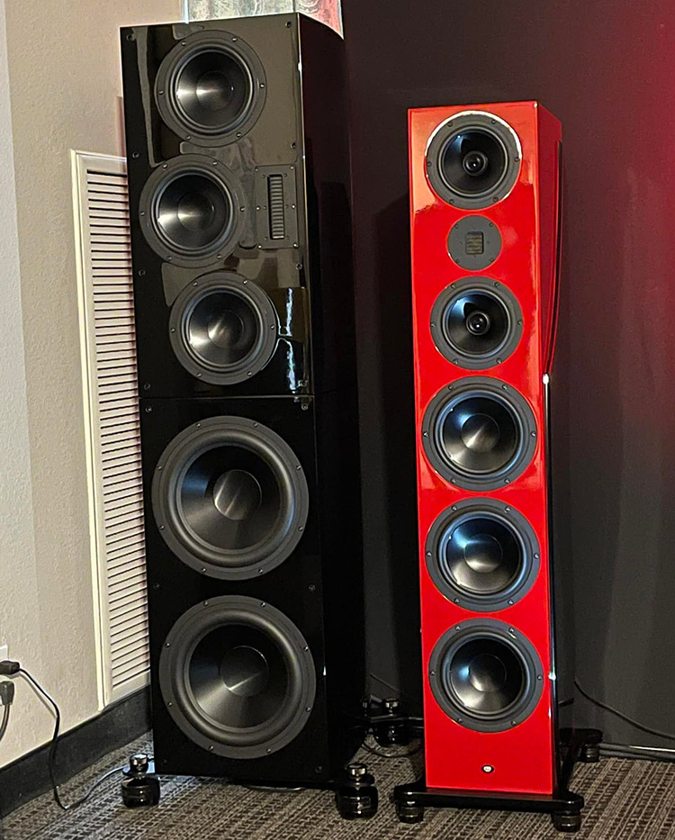 Black and red loudspeaker from RBH Sound at Florida Audio Expo 2022