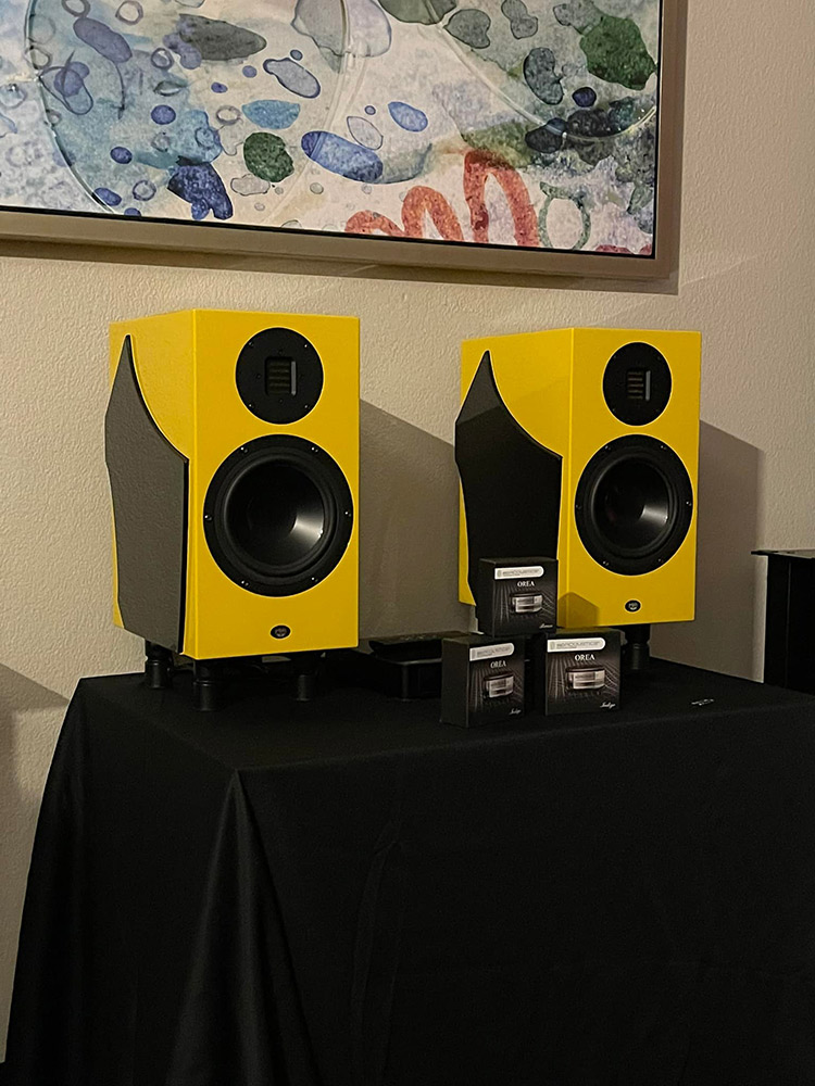 Yellow PM-6 standmounted two-way monitor speaker from RBH Sound at Florida Audio Expo 2022