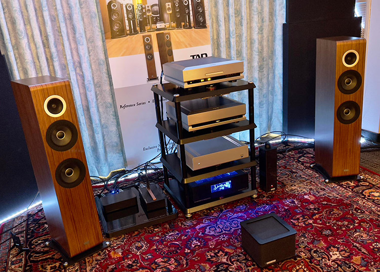 Snapshot of product display equipment models from TAD Laboratories at Florida Audio Expo 2022