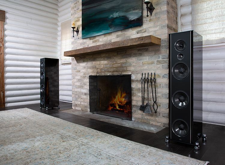 PSB Speakers Synchrony T800 Premium Towers (High Gloss Black Finish) in living room with fire