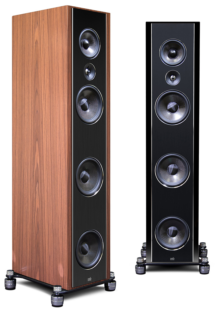PSB Speakers Synchrony T800 Premium Towers (Satin Walnut Veneer - 3/4 View) and (High Gloss Black Finish - Front View)