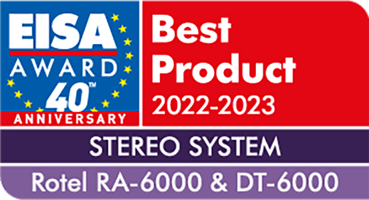 Expert Imaging and Sound Association (EISA) 2022-2023 Best Product Award Badge (Stereo System) for Rotel RA-6000 Integrated Amplifier and DT-6000 DAC Transport