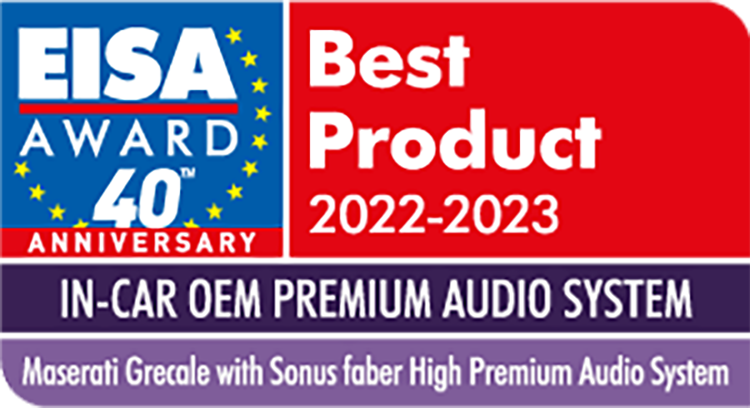 Expert Imaging and Sound Association (EISA) 2022-2023 Best Product Award Badge (In-Car OEM Premium Audio System) for Maserati Grecale with Sonus faber High Premium Audio System