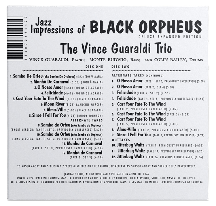 Craft Recordings celebrates 60th anniversary of Vince Guaraldi’s breakthrough album: Jazz Impressions of Black Orpheus (2-CD Back Cover View)