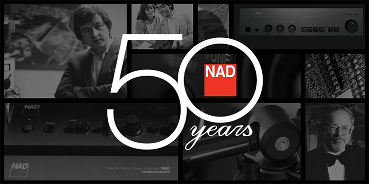 NAD Electronics 50th anniversary logo on top of a collage of historical photographs