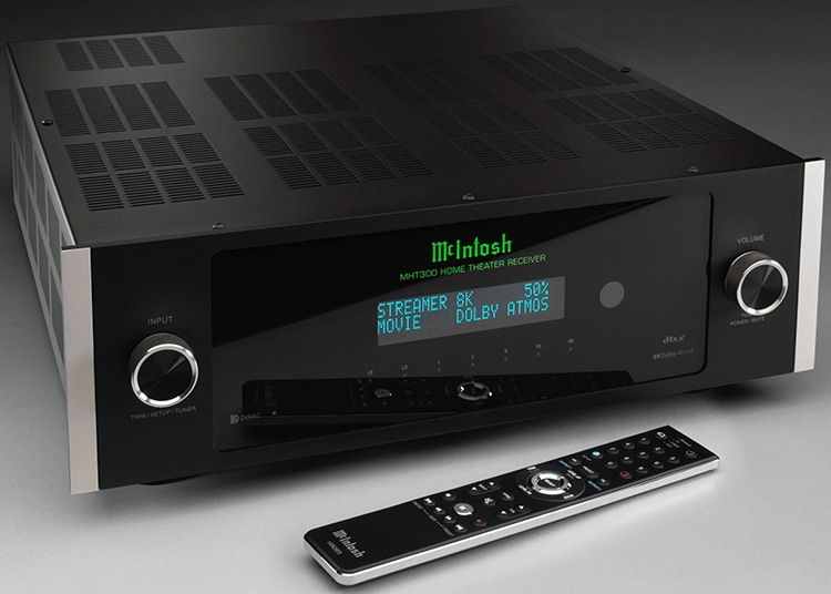 McIntosh MHT300 Home Theater Receiver Angle View with remote control