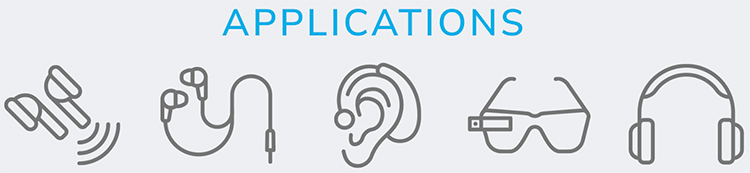 xMEMS Labs Application Solutions symbol icons for next-generation true wireless (TWS) earphones, in-ear monitors (IEMs), digital hearing aids, and other emerging personal audio electronics, including smart glasses and sleep buds