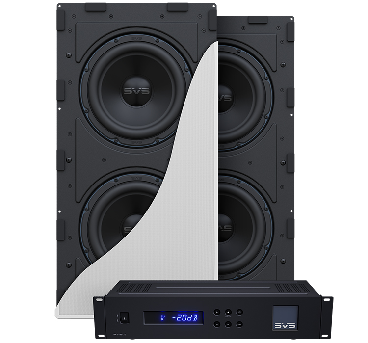 SVS 3000 In-Wall Subwoofers with SVS STA-800D|2C Amplifier nearby
