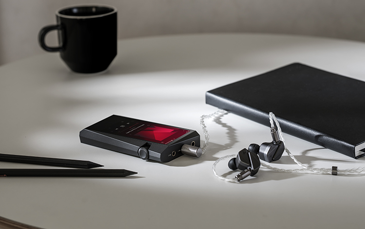 Headphones plugged into the Astell&Kern A&norma SR35 Digital High-Resolution Audio Player