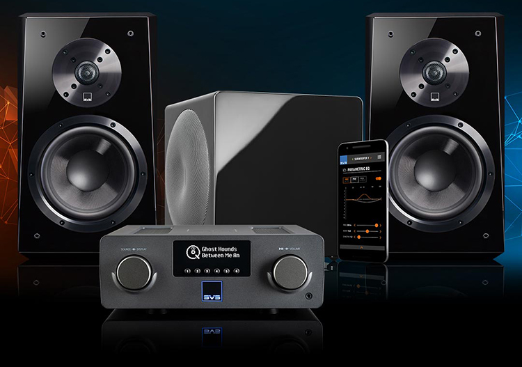 SVS Prime Wireless Pro SoundBase streaming integrated amplifier, two SVS Ultra Bookshelf Speakers, and SVS 3000 Micro Subwoofer