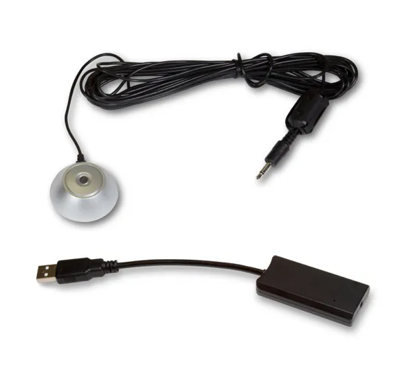 A Dirac Live calibration microphone with a silver base and long black cable, shown alongside a USB connector and an audio jack adapter on a white background.